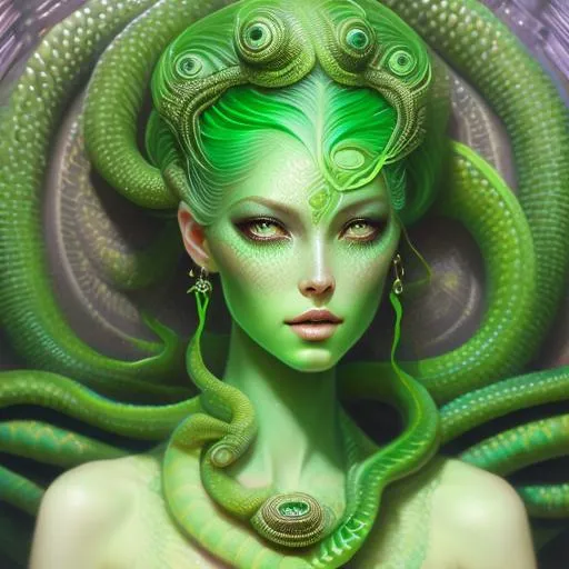 Prompt: A alien empress, beautiful face, stunning snake green eyes, ombre gradient green hair, green sculptural 
dress made of gradient green snake scales details by pino daeni, tom bagshaw, Cicely Barker, Daniel Merriam, intricate details by Andrew atroshenko, James Jean, Mark Ryden, charlie bowater, WLOP, Jim Burns, Megan duncanson, beautiful face, full body photo, very detailed, high definition, crisp quality, cinematic smooth, cinematic lighting, ultrarealistic, crispy focus 