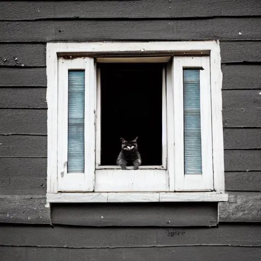 Prompt: A black cat sitting at a window.