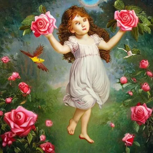 Prompt: masterpiece,  roses, a  birds flying, a little girl  holding a rose and flying in in the sky