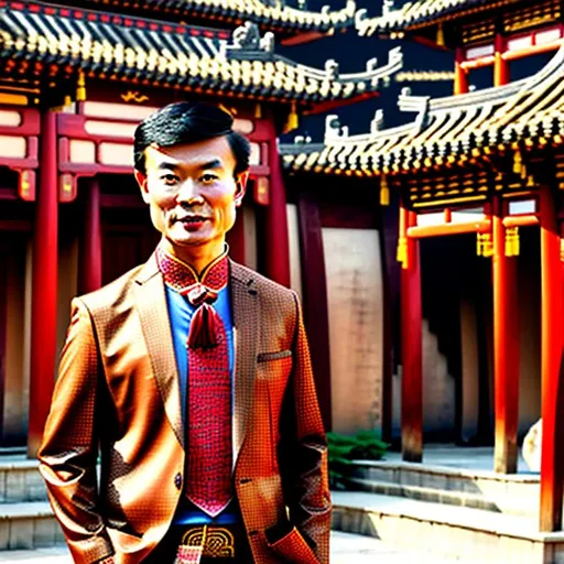 Prompt: An Asian wearing a necktie with traditional Chinese garb, the person is wearing a mix of western wear and East Asian attire, the person is wearing a ten-gallon, the person is surrounded by domed buildings and East Asian huts, landscape, realistic, photograph