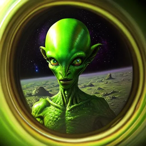 Prompt: hyperdetailed realistic portrait of a green alien walking towards you on a foreign planet in outerspace