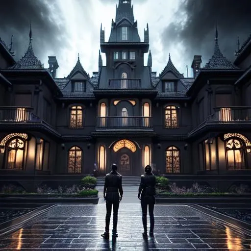 Prompt: Two man standing in front of the big mansion, wearing black clothes , epic Instagram, looking at viewer, artstation, hyperdetailed intricately detailed, unreal engine, fantastical, intricate detail, splash screen, complementary colors, fantasy concept art, 8k, deviantart masterpiece, oil painting, heavy strokes, splash arts
