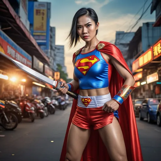 Prompt: one hybrid superhero character, Mix superman and famous female muay thai fighter, in realistic background of bangkok, with weapon, intense facial expression, detailed armor and cape, 4K, detailed facial expression, superhero, vibrant colors, intense gaze, advertisement-worthy, realistic, detailed illustration, professional, vibrant lighting
