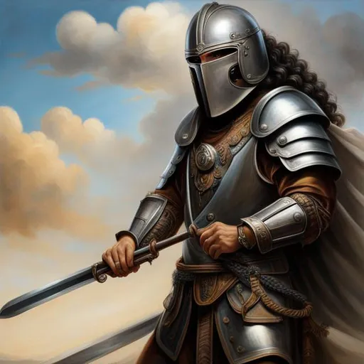 Prompt: epic oil painting, Wide angle, The whole body showing, highly detailed, masterpiece. Anatomically correct hands. Native American, brown skin, very curly hair, grey hair, Japanese armor, helmet with a narrow t-shaped visor. sword, ((holding sword)), night lights, 