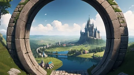 Prompt: circular portal, gateway between cities realms worlds kingdoms castles, ring standing on edge, freestanding ring, complete ring, panoramic view