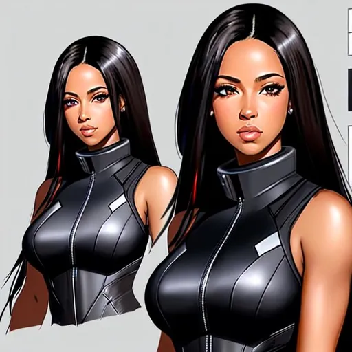 Prompt: {Concept sheet} Aaliyah Dana Haughton, 26 years old,  in outdoor villiage, wearing black mech suit, sleeveless, black hair with highlights, brown eyes, ethereal, jewelry set balayage wild hair,{Concept sheet} royal vibe, highly detailed, digital painting, Trending on artstation ,tan skin, HD quality, Big Eyes,artgerm, by Ilya Kuvshinov 