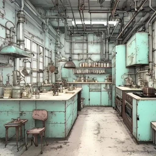 Prompt: prop design of a interior industrial kitchen pastel color values by demizu posuka