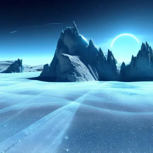 Prompt: Frozen wasteland of a planet, surrounded by Binary Star System its forever Daylight. Enormous Glaciers mile's High, Mountain peaks as sharp as knives, Ailean creatures suited to that environment of cold 