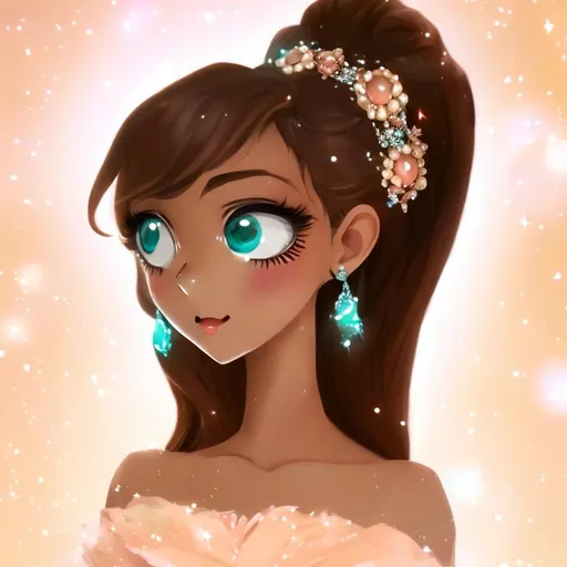 Prompt: Anime, Princess, Teal eyes, Apricot Ballgown, diamond earrings, brown skin, full body, HD, 4k, High Quality, Effects.