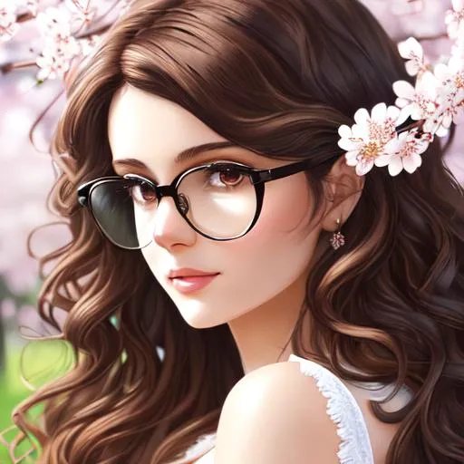 Prompt: Cute beautiful lady wearing large black round shape glasses, with long brown curly hair in cherry blossoms spring forest, eyes looking at camera, perfect curvy body, smooth soft white pale skin with a little tan, soft natural lighting, detailed natural skin texture, soft lighting, detailed face, photo realism, soft pastel,  photorealistic , sharp focus, 8k, award-winning photograph, cinematic smooth, studio photo, highly detailed, full body.