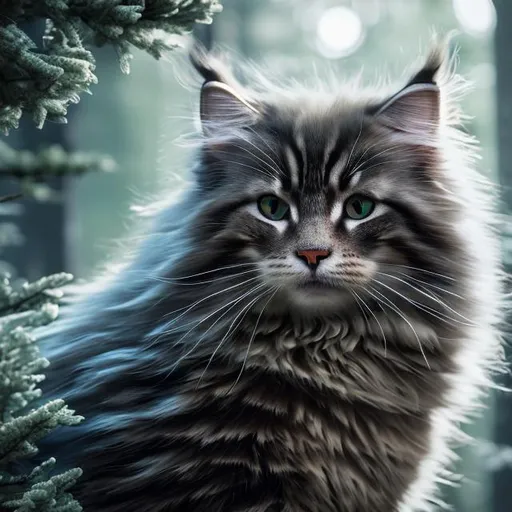 Prompt: highly detailed norwegian forest cat, highly detailed eyes, highly detailed cat fur, high resolution scan, 64k, UHD, HDR, hyper realistic, canon EOS R5, canon EF 300mm f/5.0 ii, unreal engine, neon lighting, forest context, 3D illustration, crystal clear eyes, moon background, long shot.