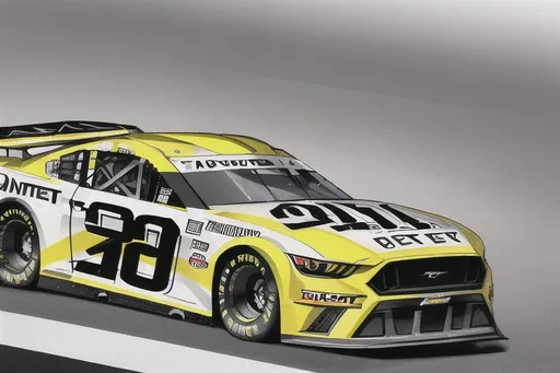 Prompt: Next Gen Nascar stock Ford Mustang car, sponsored by OpenArt, white and dark grey color scheme