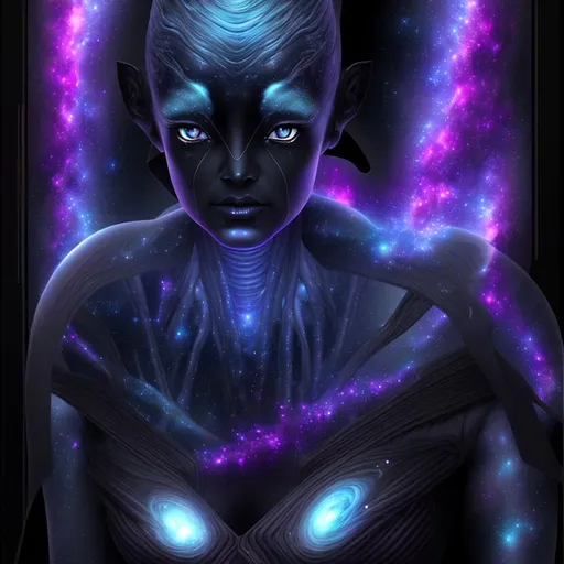 Prompt: nebula, 3D, HD, full-body,  dark, plasma action portrait of a ({Female}Goddess as a {Grey}Alien), expansive cosmic background --s98500