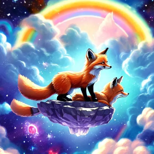Prompt: fox and cat in space playing in a rainbow asteroid field 
