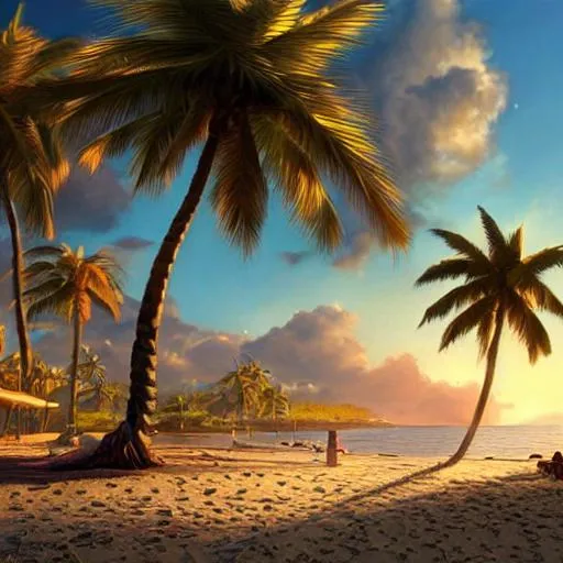 Prompt: A beautiful realistic detailed matte painting of a beach with a palm tree on a stunning warm day, soft sunrise lighting, John Howe, Andreas Rocha, unreal engine, featured on artstation, ultrawide angle, aerial view, f16, polarizer filter,