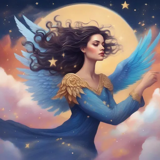 Prompt: A colourful and beautiful Persephone, brunette hair and with her hair being made out of clouds and stars, flying on a griffin with glittery skin in a painted style