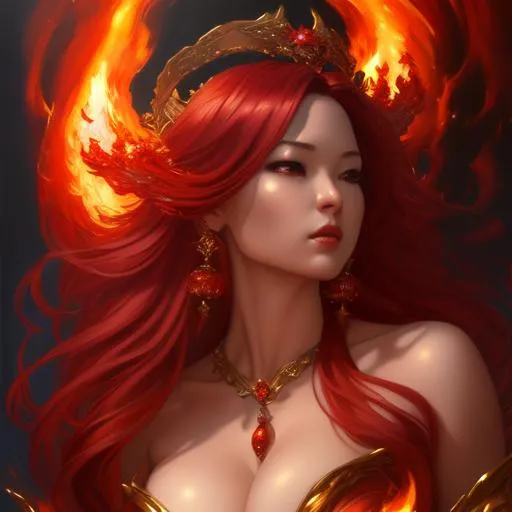 Prompt: highly detailed oil painting, oil painting, airbrush paining, fantasy, beautiful, elegance, godlike, Japanese, aged 32, fire goddess, queen, red flame, night,  artistic, artstation, colors of night, beautiful painting by Daniel F Gerhartz, ultra realistic, Huge cleavage, athletic body, Highly detailed photo realistic digital artwork. High definition. Face by Tom Bagshaw and art by Sakimichan, Android Jones" and tom bagshaw, BiggalsOctane render, volumetric lighting, shadow effect, insanely detailed and intricate, photorealistic, highly detailed, artstation by WLOP, by artgerm