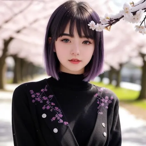 Prompt: 18 years old cute and beautiful girl, hi res, photography, realistic, high details, facial details, full body,messy stray hair bob fringe black and silver, slim body, f-cup size, kneeling down in snowry winter cherry blossoms, hyperdetail, 4k, 8k, sunny day, pastel soild and sharp colour, backlit