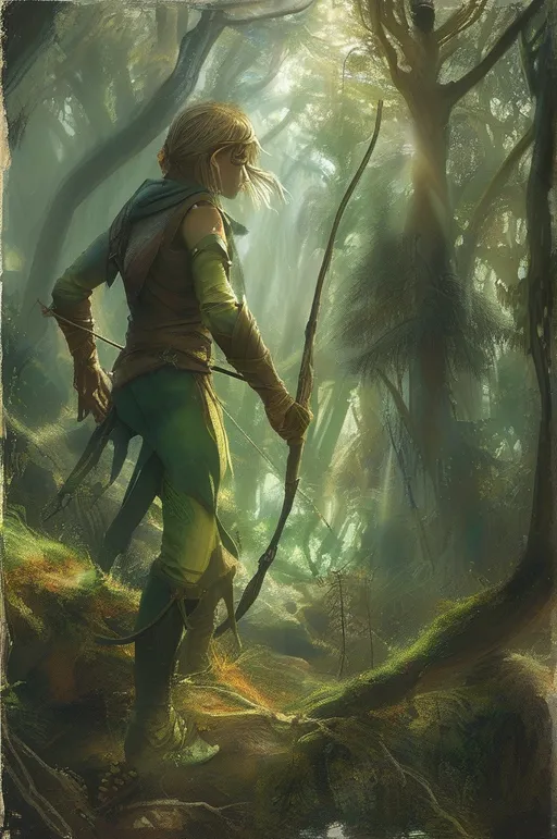 Prompt: Elf ranger in a mystical forest around sunlight