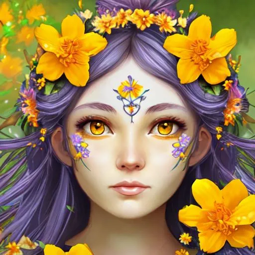 Prompt: fairy goddess of spring,yellow and orange flowers, facial closeup