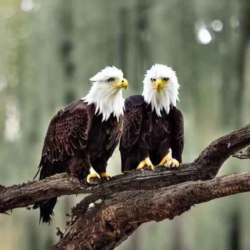 Prompt: Clear focused image of two eagles on a tree