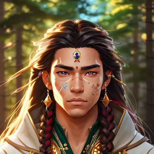 Prompt: 64K, centered position Full body of Native American, male, gold eyes, long hair, braids, facial scars, symmetrical, lighting, detailed face, by makoto shinkai, stanley artgerm lau, wlop, rossdraws, concept art, digital painting, looking into camera, intricate ornament on his suit, forest background, colorful ambient, colorfull, HDR, 64K