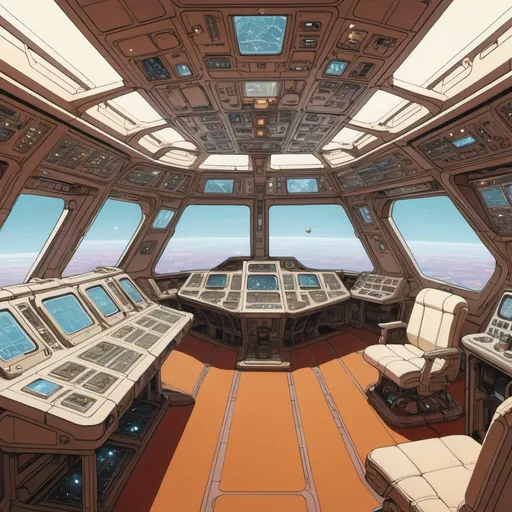 Prompt: Starship interior, cramped, with a lot of control panels and a small crystal in the middle of the room, in style of Moebius