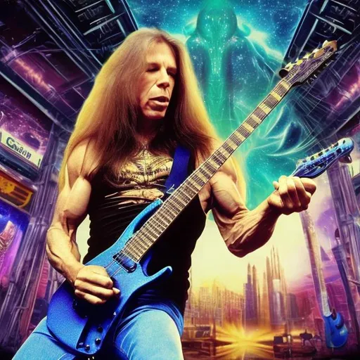 Prompt: Bodybuilding Uli Roth playing guitar for tips in a busy alien mall, widescreen, infinity vanishing point, galaxy background