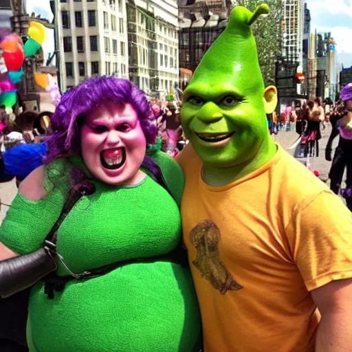 Prompt: Shrekshuka goes to Pride parade with shrek and Ben Stiller