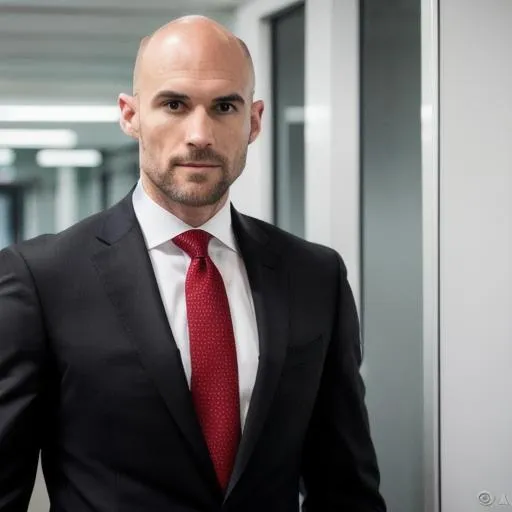 Prompt: He is a genetically enhanced assassin and is typically depicted as a tall, bald, and well-built man with a chiseled face. He often wears a black suit, white dress shirt, and a red tie. His appearance is immaculate and professional, enabling him to blend into various environments seamlessly. He possesses a distinctive barcode tattoo on the back of his head, which serves as an identifier of his genetically engineered origin. His cold and stoic expression reflects his lethal and calculating nature as an expert contract killer.