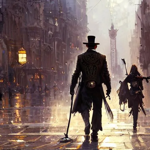 Prompt: steampunk man with golden staff walking market square, by Jeremy Mann, Rutkowski, and other Artstation illustrators, intricate details, face,  full body portrait, headshot, illustration, UHD, 4K