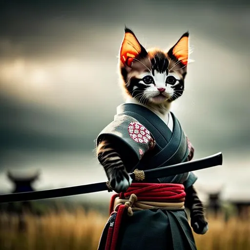 Prompt: A samurai kitten, carrying sword, wearing kimono, Somber look, walking through battlefield, dark lighting, 