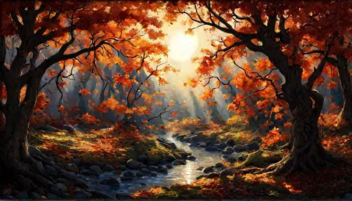 Prompt: sunlight steaking through the fall colored leaves of a sensational maple tree, art by thomas kincaid, caspar friedrich, Ernest Hébert, Hailey E Herrera. 3d, extremely detailed, intricate, higher definition 