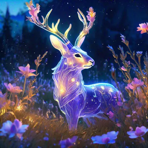 Prompt: An elegant translucent wolpertinger that is glowing, in a meadow clearing surrounded by flowers, sunrise, beneath the stars, bioluminescent, highres, best quality, concept art