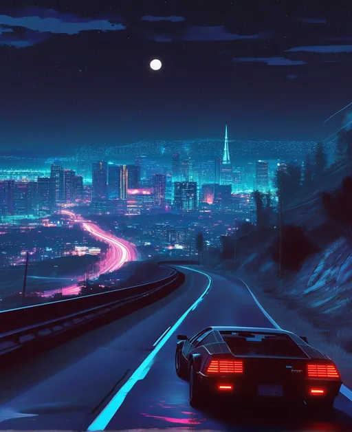 Prompt: Car driving down a dark road at night, glowing city skyline in the background, starry sky overhead, dreamcore atmosphere with soft neon lights, retrofuturism style, outrun aesthetic. The scene is captured as a detailed matte painting, featuring rich color contrasts, moody undertones, perfect for evoking nostalgia and wonder. Ultra-detailed, cinematic masterpiece.