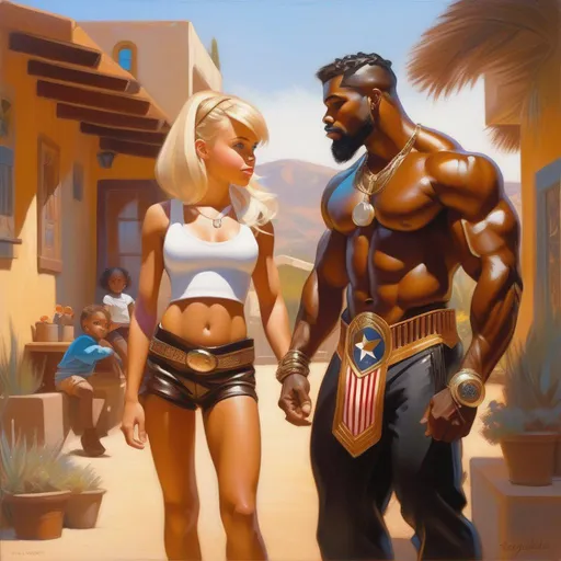 Prompt: Buff African-American gigachad meets cute blonde American girl, 2050, cartoony style, extremely detailed painting by Greg Rutkowski and by Henry Justice Ford and by Steve Henderson 