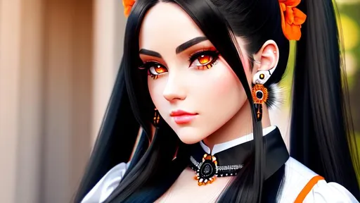 Prompt: Beautiful girl with long black hair in pigtails, long hair, long black hair, black hair, orange eyes, formal clothing, pierced ears, beautiful, {{{Hyper detailed}}}, {{{Photorealistic}}}, {{{Hyper realistic}}}