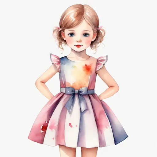 Prompt: young girl, elegant children's dress, standing straight, arms to the sides, paper doll, watercolor,