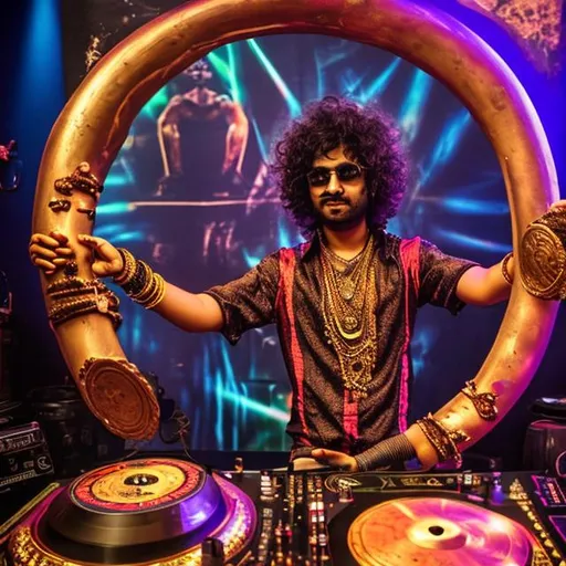 Prompt: An indian dj prince with curly hair, holding a bronze goblet in one hand and disk scratching with the other. 
