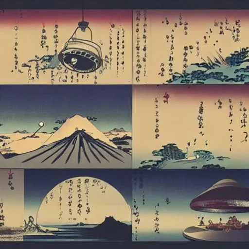 Prompt: ukiyo-e, ufo, area 51, aliens, bermuda triangle, flying saucer, spaceship, dramatic lighting, cinematic, ancient aliens
