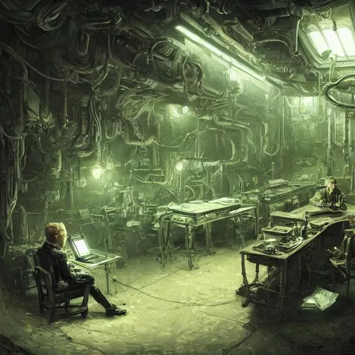Prompt: masterpiece intricate hyperdetailed elaborate masterpiece best quality intricate hyperdetailed Fallout concept art, sci-fi, scientist sitting at desk with computer in underground vault, green lights, cinematic film still
