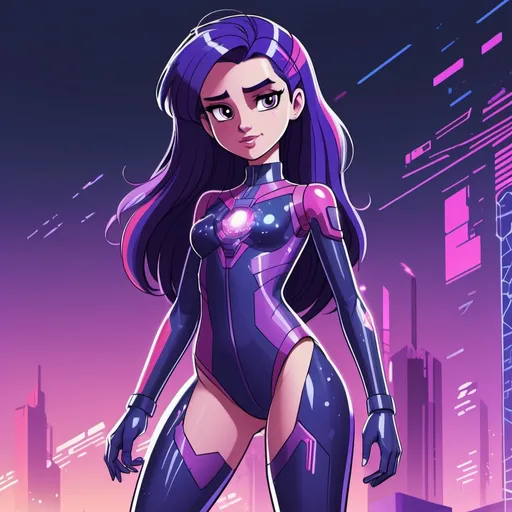 Prompt: cyberpunk equestria girls twilight sparkle wearing a high-tech bodysuit