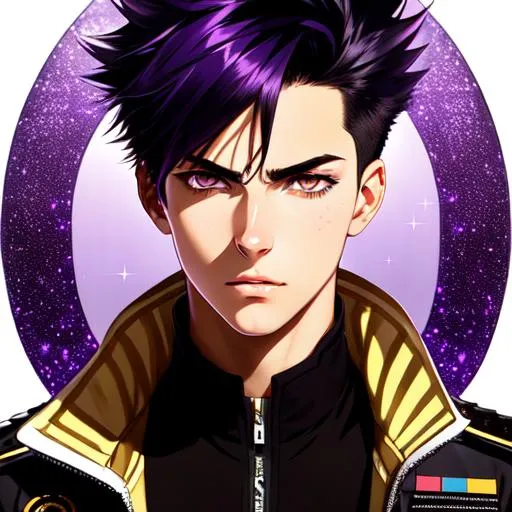 Prompt: Upper body portrait of an anime boy, 20 years old, Black spiky hair, tan skin, White and Black jacket, angry, purple eyes, a scar in The right eye, intricate, detailed face. by Ilya Kuvshinov and Alphonse Mucha. Dreamy, sparkles