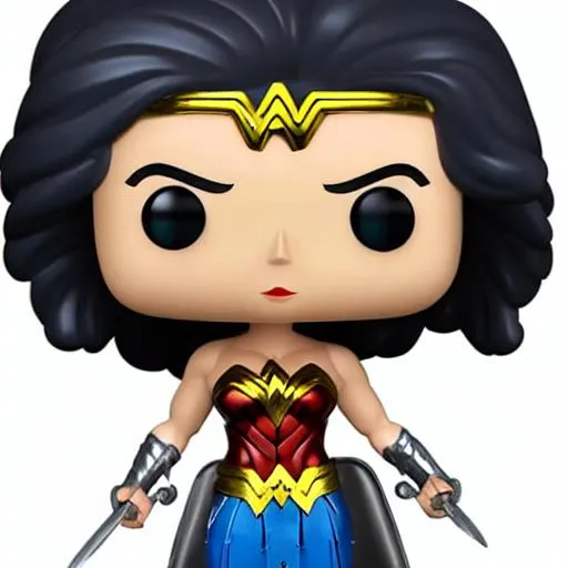 Prompt: Funko pop Wonder Woman figurine, made of plastic, product studio shot, on a white background, diffused lighting, centered