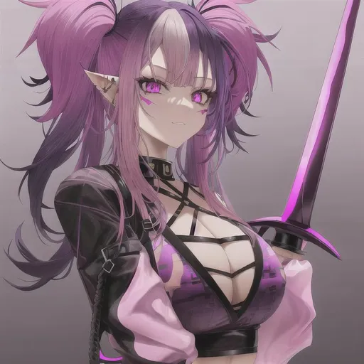 Prompt: Haley as a demon horse hybrid (pink and purple multi-color hair) (multi-color eyes)(she has horse ears) (demon tail), scars covering her body, wearing a crop top and shorts, tattoos on her arms, holding a rapier sword 