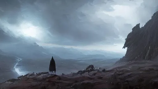 Prompt: fantasy concept art by greg rutkowski, hooded figure in the  foreground looks out over a luminous landscape, phosphorescence, ominous sky, fog, Scotland, rock outcroppings,  gestural oil painting style, backlit, cinematographic morning light, artstation hq, 