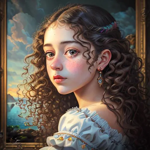 Prompt: oil painting by Salvador Dali 
 realistic portrait of a very beautiful young girl cute nose perfect lips intricate girlish charm curly flyaway hair, highly detailed, digital painting, sharp focus, dof, ultra reallistic, extremely detailed, intricate, artgerm, ambient lighting  award winning, fantastic view, colourful, intriguing 