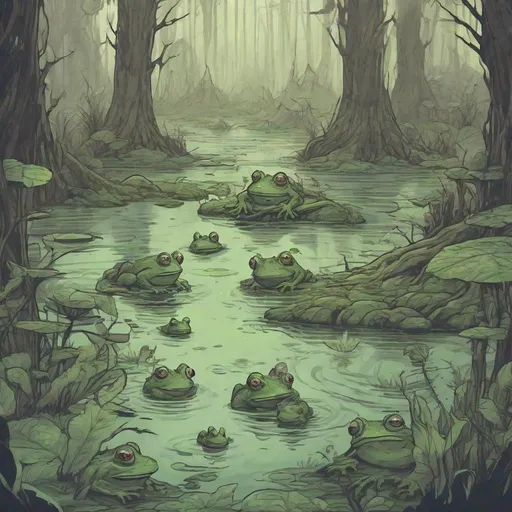 Prompt: fantasy swamp land with humanoid frogs, dungeons and dragons style
