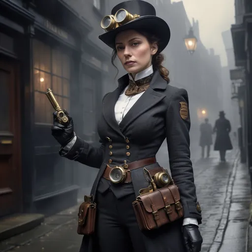 Prompt: "Photorealistic Victorian woman in practical investigation attire, modified riding habit with weapon holsters, steampunk camera with supernatural detection lenses, brass knuckles, notebook with coded entries, determined expression, foggy London alleyway with mysterious figures --ar 3:4 --s 1000"