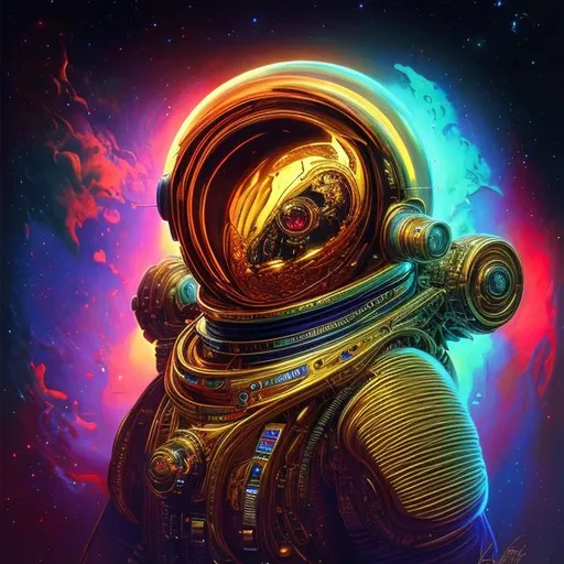 Prompt:  beautiful, colorful, espacial,detailed, golden hour, iridescent, vibrant, mark brooks, frank frazetta, david mann, kilian eng, jeff koons, digital painting, hyperrealism, surrealism, octane, trending on artstation, gold intel logo on a computer 